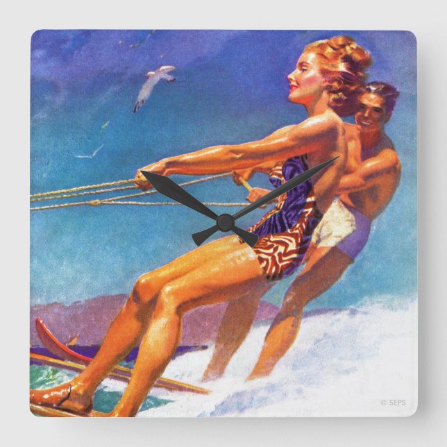 Water Ski by McClelland Barclay Quadratische Wanduhr (Vorderseite)