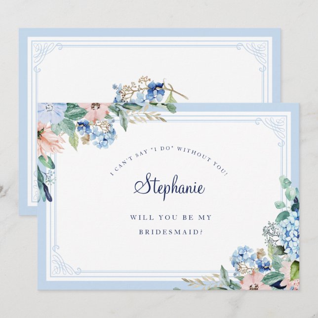 Watercol Floral Blue Pink Einladung (Vorne/Hinten)