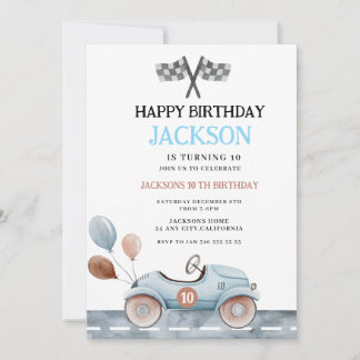 Watercolor 10th Racing Car Boys Birthday Invite Einladung