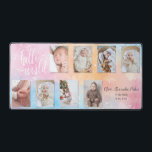 Watercolor 8-Foto Baby Collage mit individuellem S Schreibtischunterlage<br><div class="desc">Einzigartiges Design in Aquarellfarben,  pastellrosa,  blau und orange,  mit 8-Foto-Collage-Vorlage mit benutzerdefiniertem "Hello World"-Skript und drei bearbeitbaren Textfeldern. Jede Fotovorlage hat einen subtilen Schatteneffekt.</div>