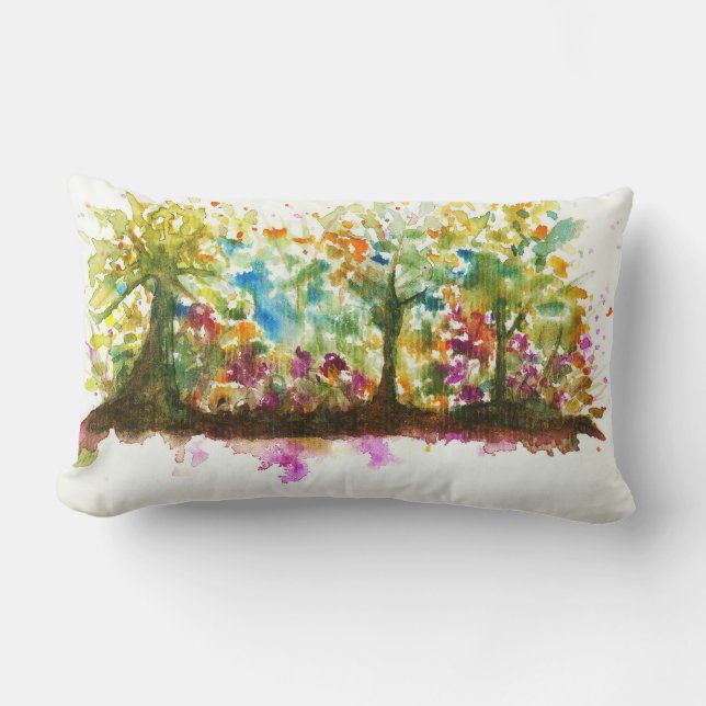Watercolor-abstrakter Landschaftskunst-Baum-Wald Lendenkissen (Vorderseite)