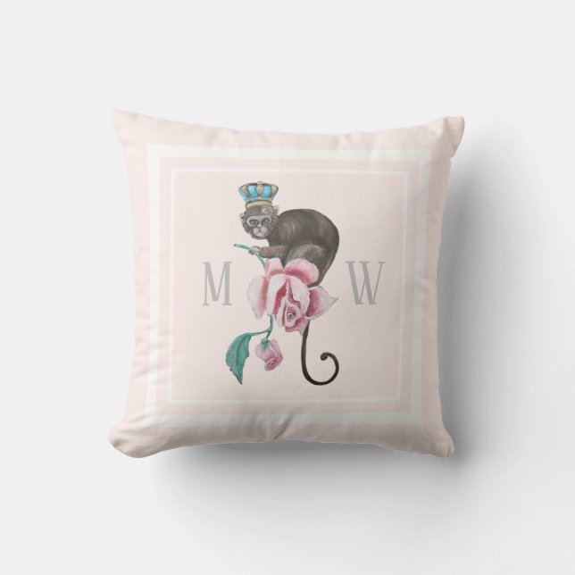 Watercolor-Affe | Chic Monogram Blush Pink Kissen (Vorderseite)