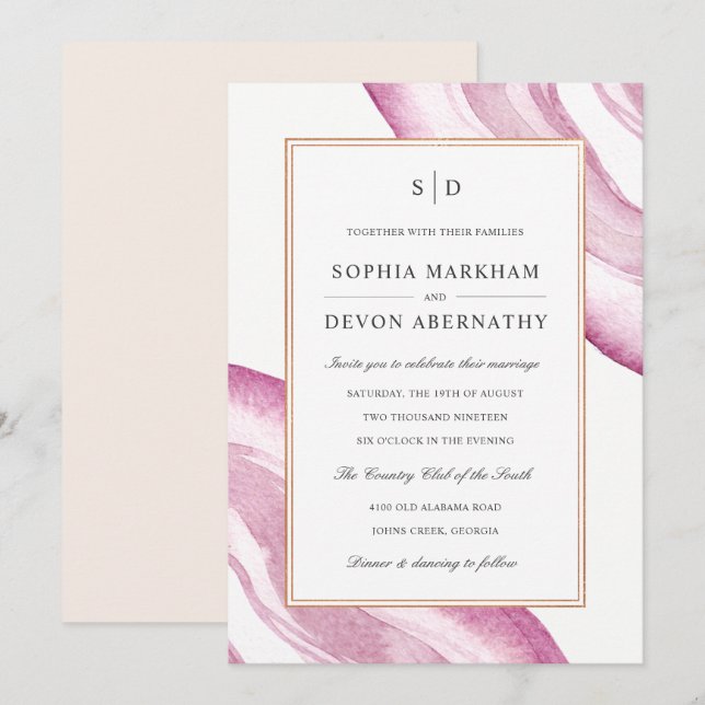 Watercolor Agate Slice Wedding Einladung | Mauve P (Vorne/Hinten)