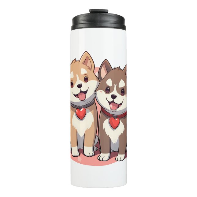 Watercolor Akita Puppies Thermosbecher (Vorderseite)