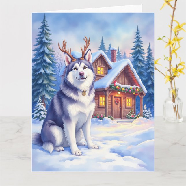 Watercolor Alaskan Malamute Reindeer Christmas Karte (Gelbe Blume)