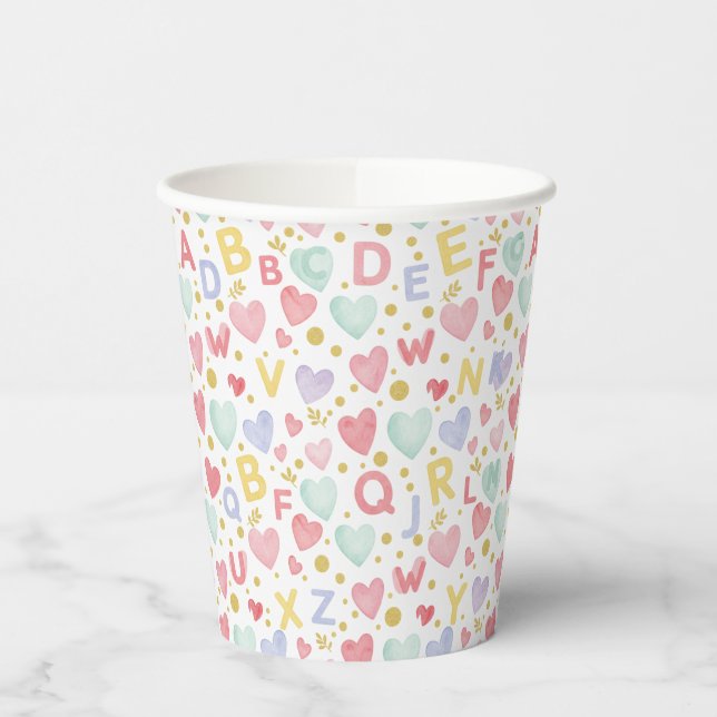 Watercolor Alphabet & Hearts Confetti Pappbecher (Links)