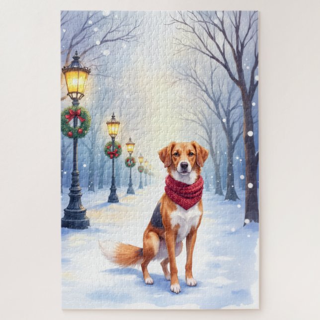 Watercolor American Foxhound Snowy Lamppost (Vertikal)