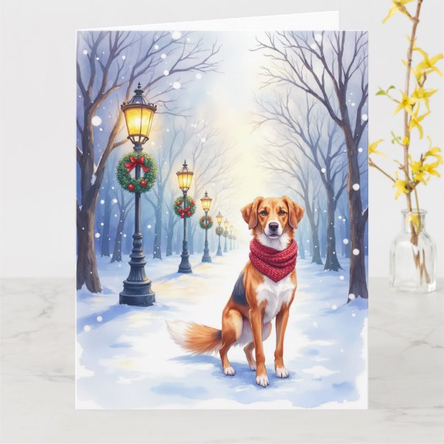 Watercolor American Foxhound Snowy Lamppost Karte (Gelbe Blume)
