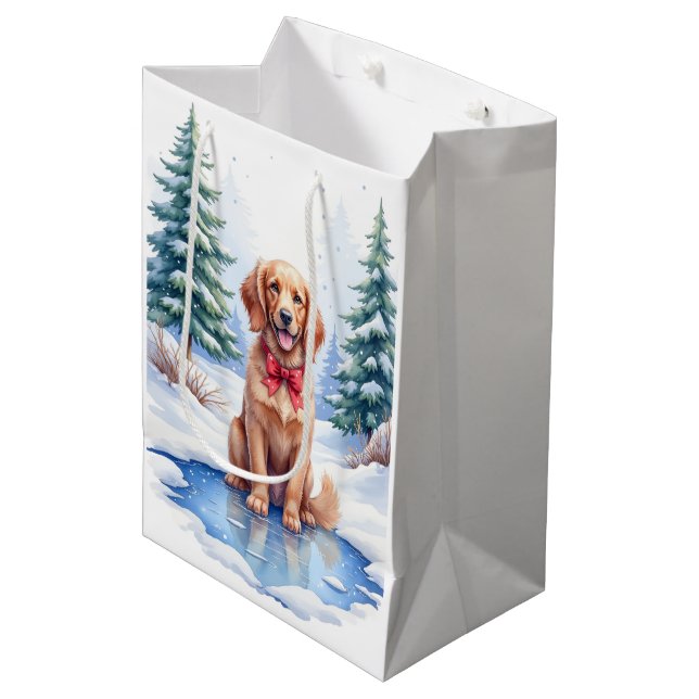 Watercolor American Water Spaniel Frozen Pond Mittlere Geschenktüte (Vorderseite Schrägansicht)