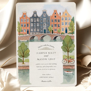 Watercolor Amsterdam Canal Houses & Tulips Wedding Einladung