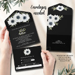 Watercolor Anemone Floral Wedding All In One Einladung<br><div class="desc">Elegant black and white anemone flowers on a black background accent these tri-fold wedding invitations with your details in chic lettering in sections on the front and back and a detachable RSVP card for guests to complete and return. **REMEMBER to put a stamp on the RSVP card section and include...</div>