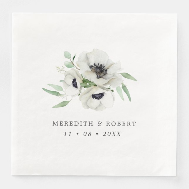 Watercolor Anemones Black & White Winter Wedding Serviette (Vorderseite)