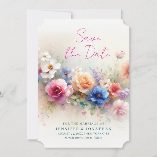 Watercolor Aquarell Flowers Script Save The Date (Vorderseite)