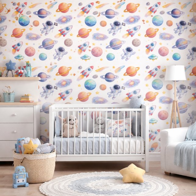 Watercolor Astronaut Galaxy Pattern Space Nursery Tapete (Von Creator hochgeladen)