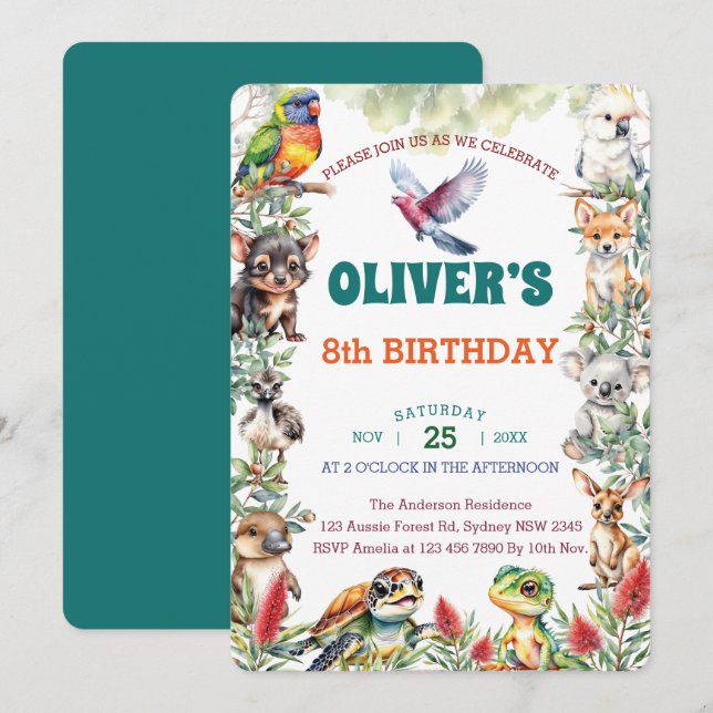 Watercolor Australian Baby Animals Birthday Party Einladung (Vorne/Hinten)