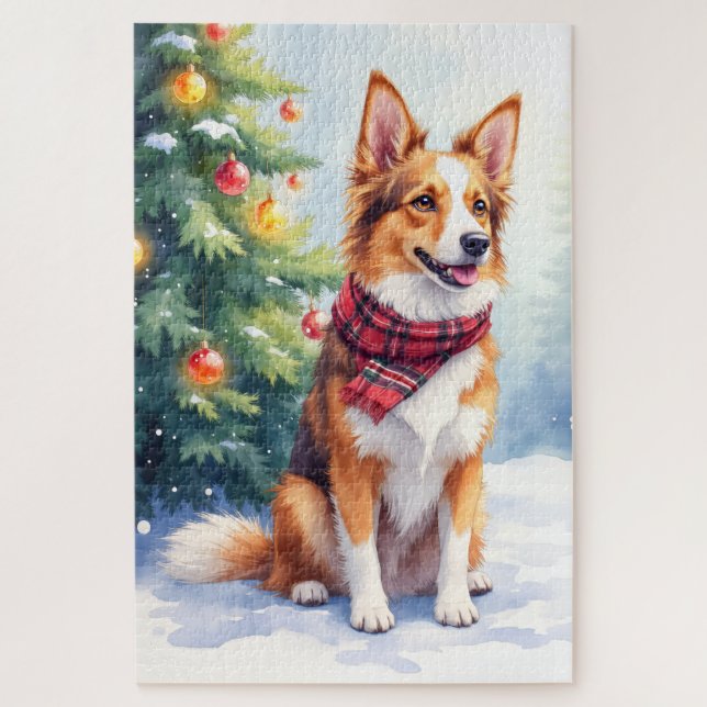 Watercolor Australian Shepherd Glowing Christmas (Vertikal)