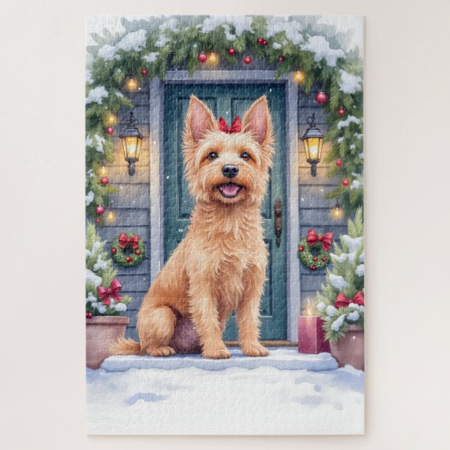 Watercolor Australian Silky Terrier Snowy Doorstep (Vertikal)