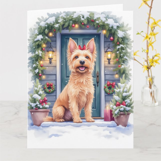 Watercolor Australian Silky Terrier Snowy Doorstep Karte (Gelbe Blume)