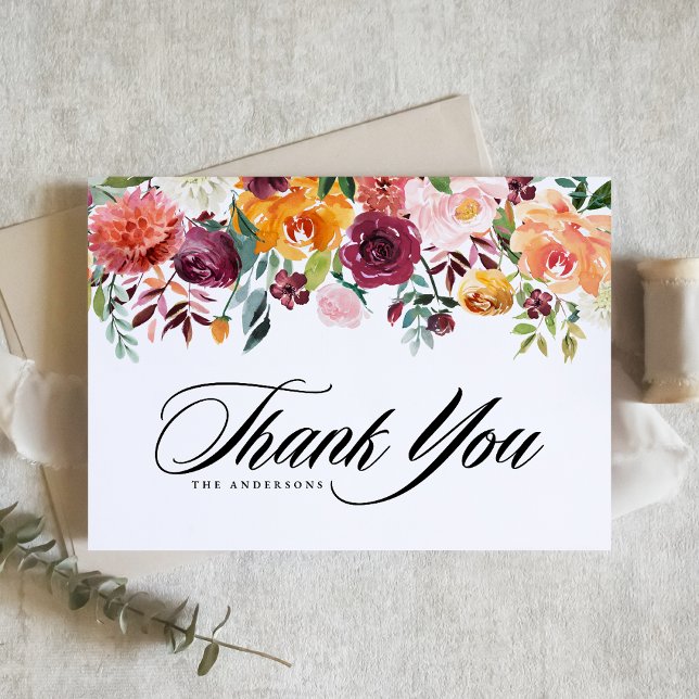 Watercolor Autumn Blooms Garland Wedding Dankeskarte (Von Creator hochgeladen)