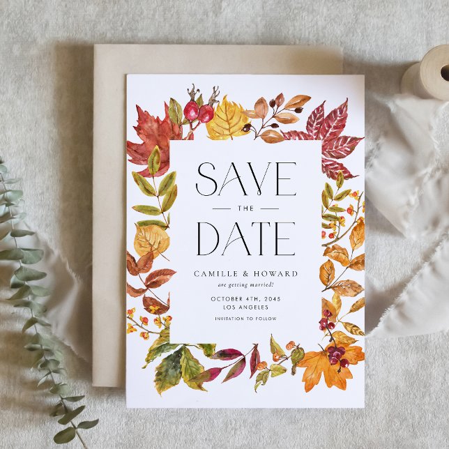 Watercolor Autumn lässt Rahmen fallen Save The Date (Customizable Fall Save the Date Announcement Card with Autumn Foliage Frame)