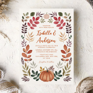 Watercolor Autumn Leaves Pumpkin Wedding  Einladung