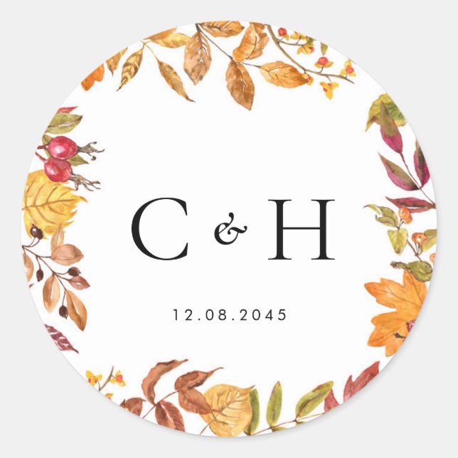 Watercolor Autumn Leaves Wreath Wedding Monogram Runder Aufkleber (Vorderseite)