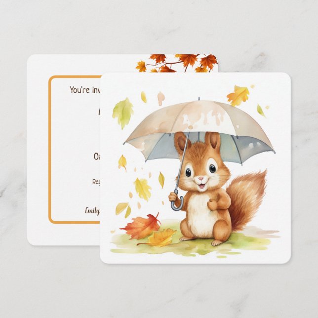Watercolor Autumn Squirrel Baby Dusche Einladung (Vorne/Hinten)