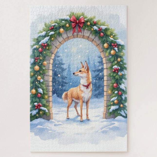 Watercolor Azawakh Snowy Stone Arch Christmas (Vertikal)