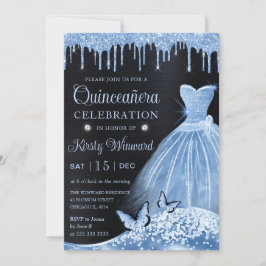 Watercolor Baby Blue Glitzer Dress Quinceanera Einladung