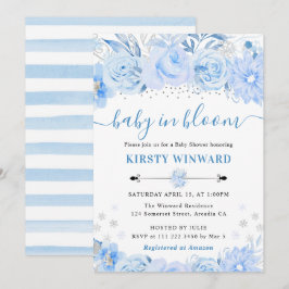 Watercolor Baby Blue Winter Blume Babydusche Einladung