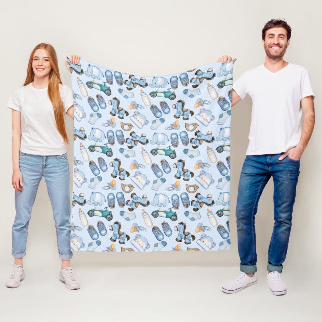 Watercolor Baby Boy Blue Pattern mit Spielzeugbekl Fleecedecke (Beispiel)