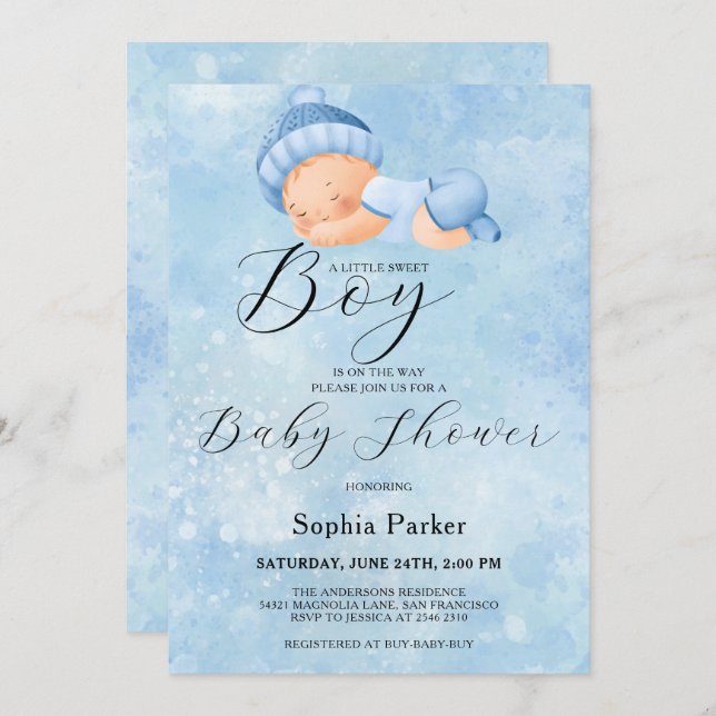 Watercolor Baby Boy Invitation (Devant / Derrière)