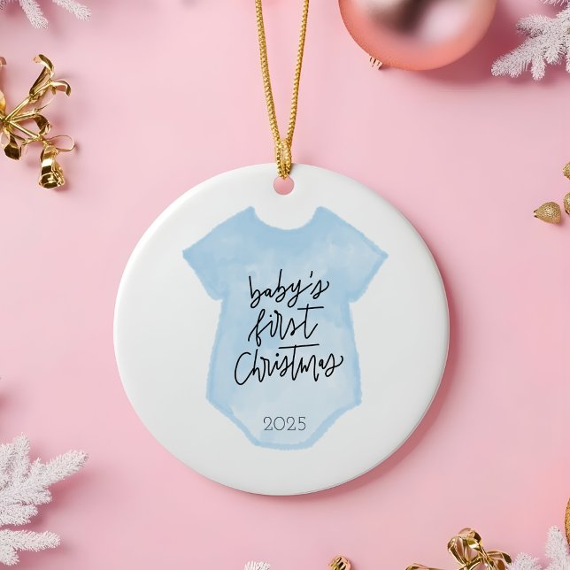 Watercolor Baby Boy's First Christmas Ornament (Baby's First Christmas Ornament | Custom Blue Onesie Keepsake | Personalized Holiday Gift)