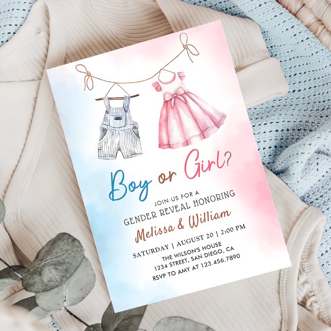 Watercolor Baby Clothes Gender Reveitation Einladung (Von Creator hochgeladen)