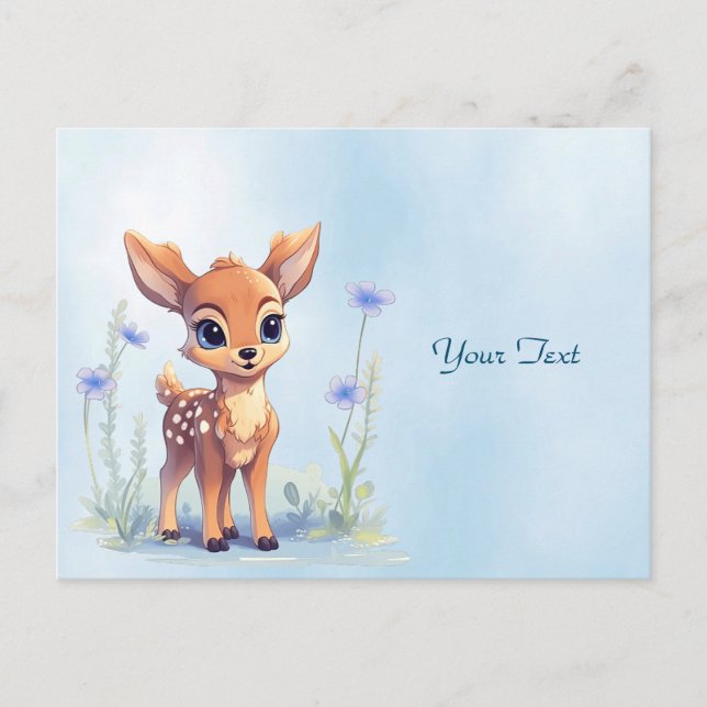 Watercolor Baby Deer Blue Blumen Postkarte (Vorderseite)