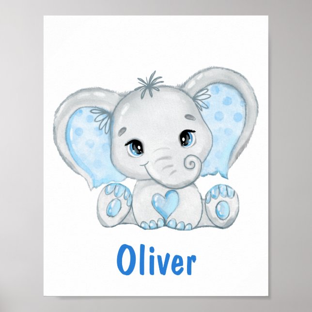 Watercolor Baby Elephant Blue Boy Kinderzimmer Pos Poster (Vorne)