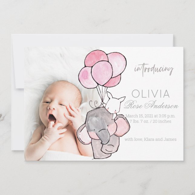 Watercolor Baby Elephant Girl Birth Ankündigung (Vorderseite)