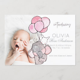 Watercolor Baby Elephant Girl Birth Ankündigung