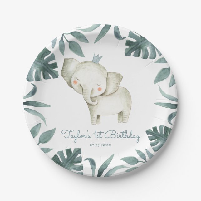 Watercolor Baby Elephant Prince Tropical Geburtsta Pappteller (Vorderseite)