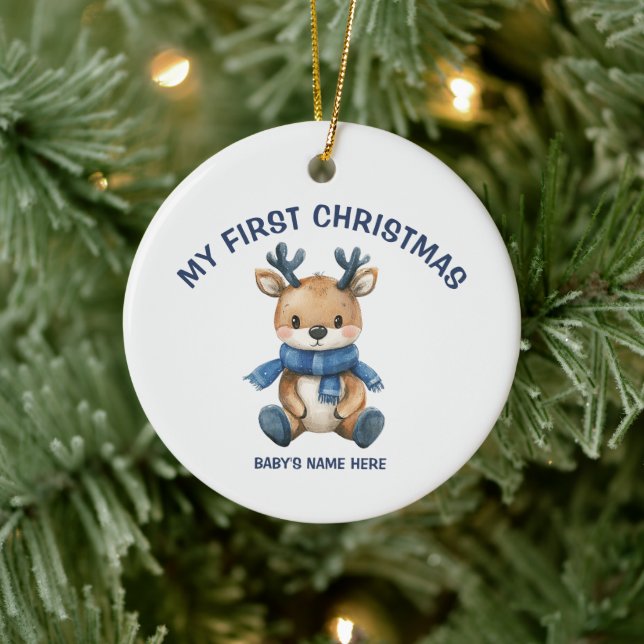 Watercolor Baby First Christmas Photo Keramik Ornament (Baum)