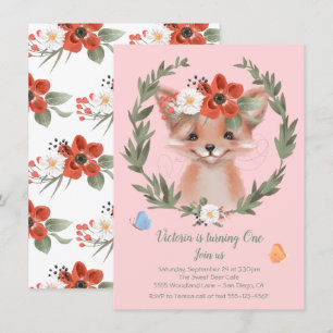 Watercolor Baby Fox Wreath Birthday Party Einladung
