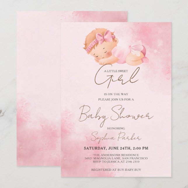 Watercolor Baby Girl Invitation (Devant / Derrière)