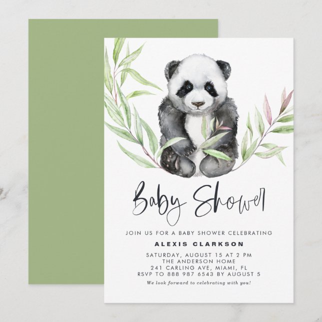 Watercolor Baby Panda mit Grüne Babydusche Einladung (Vorne/Hinten)