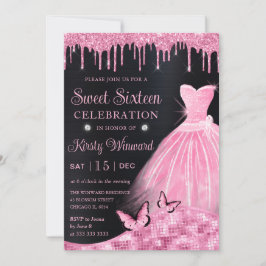 Watercolor Baby Pink Glitzer Dress 16 . Geburtstag Einladung