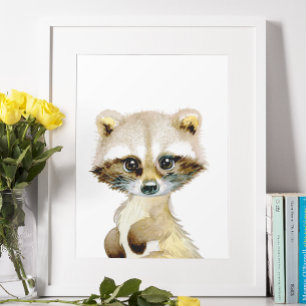 Watercolor Baby Raccoon Woodland Nursery Child Poster