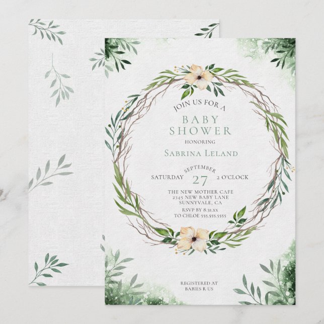Watercolor Baby Shower Greenerity Wreath Einladung (Vorne/Hinten)