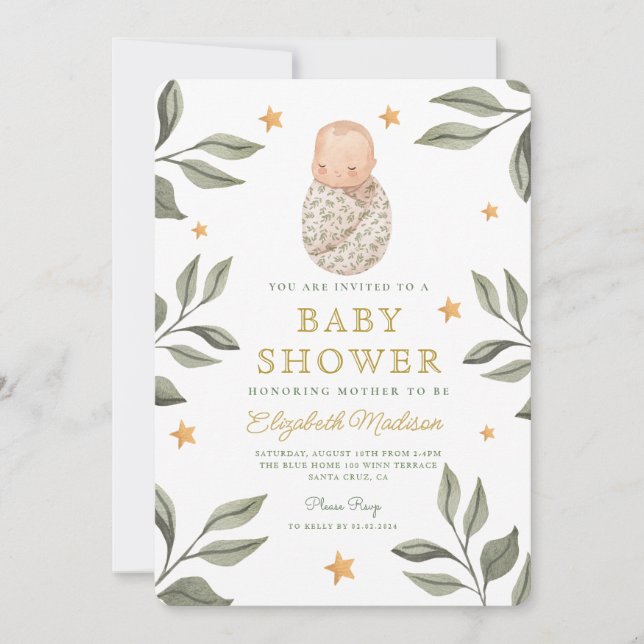 Watercolor Baby Stars Greenerenery Baby Shower Einladung (Vorderseite)