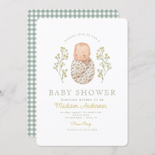 Watercolor Baby White Blume Elegante Babydusche Einladung