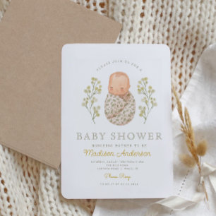 Watercolor Baby White Blume Elegante Babydusche Einladung