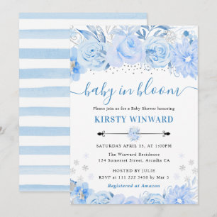 Watercolor Babyblau Winterblumen Babyparty Einladung
